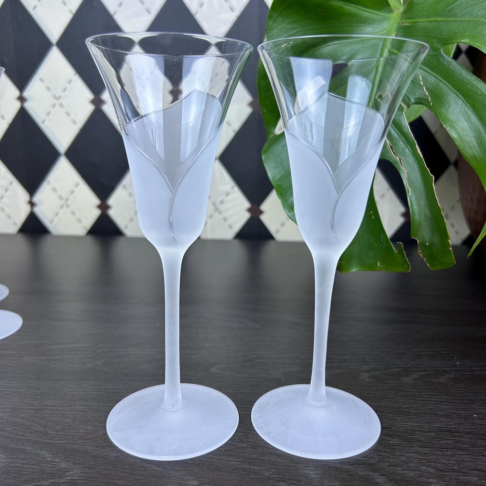 Vintage Sasaki Hana Flutes Frosted Floral Stem Champagne Glasses Set 6 Celestial - Picture 6 of 17